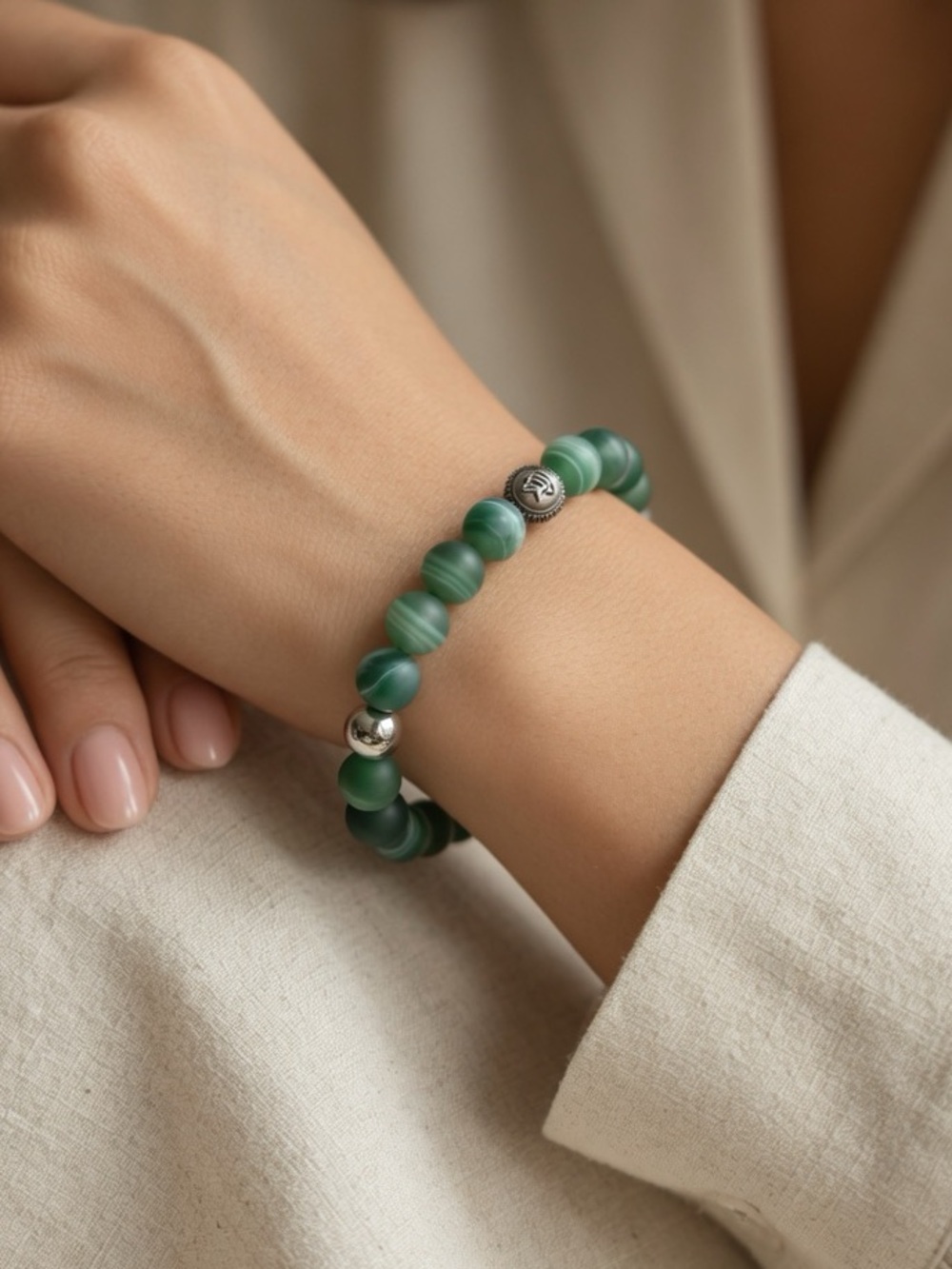 Green Banded Agate Stretch Bracelet, Size 7.5-8